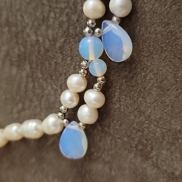 HANDMADE Freshwater Pearl Knotted Opalite Teardrop Festoon Landgirl Necklace - Picture 3 of 8